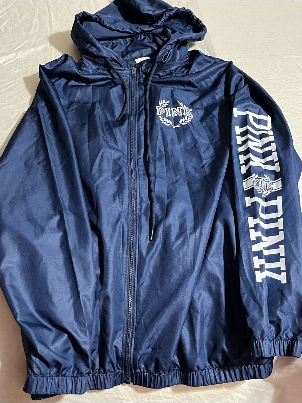 PINK Navy Hooded Windbreaker Jacket with Sleeve Logo Women’s Size M/L